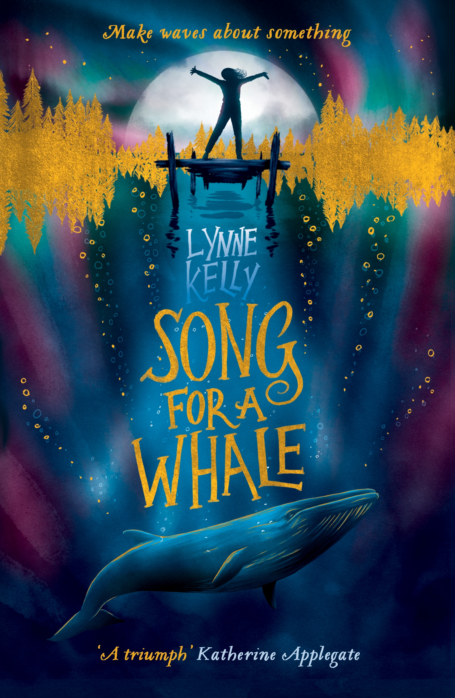 Song for a Whale book cover: blue, purple and green ocean with a large whale, and a girl standing on the pier.