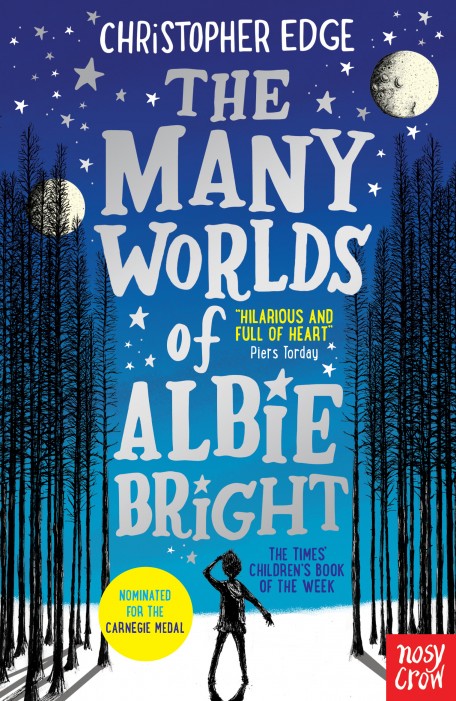 The Many Worlds of Albie Bright book cover: a boy standing in the woods in front of a starry night sky.