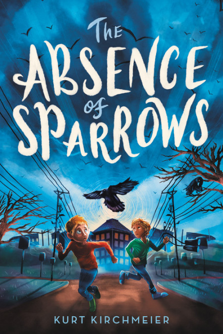 The Absence of Sparrows book cover of two kids running away from black birds.
