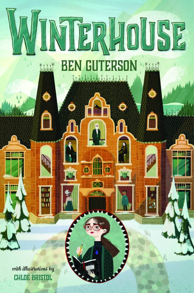 Winterhouse book cover of a large mansion and snow-covered trees.