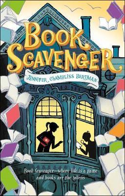 Book Scavenger book cover of a house surrounded by books, with two kids in the window solving puzzles.