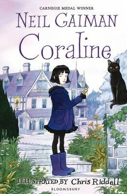Coraline book cover of a girl wearing a raincoat and welly boots with a black cat.