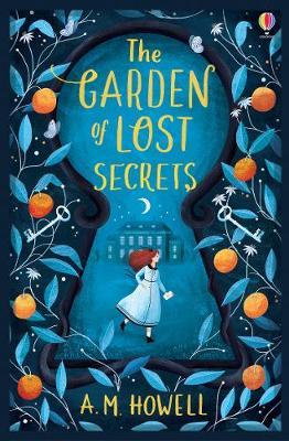 The Garden of Lost Secrets book cover of a large keyhole, surrounded by leaves and fruit, with a girl and mansion.