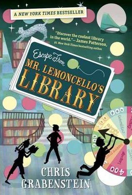 Mr Lemoncello's Library book cover: 3 kids in silhouette, a library, a cat.
