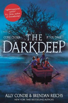 The Darkdeep book cover: 4 kids in a rowboat, rowing towards a dark and spooky island.