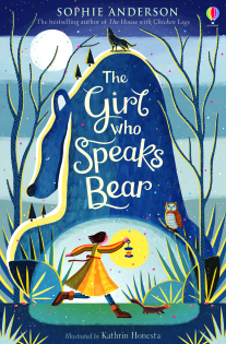 The Girl who Speaks Bear book cover of a girl in a yellow dress with a lantern, in front of a giant bear in the woods.