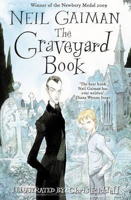 The Graveyard Book book cover of a thin man dressed in black and a blonde haired boy standing in a graveyard.