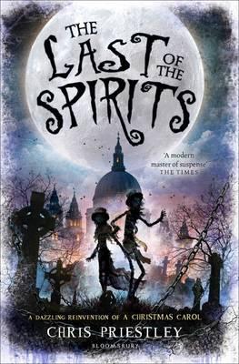 The Last of the Spirits book cover of two children standing in a graveyard, with a purple silhouette backdrop of London and a giant moon.