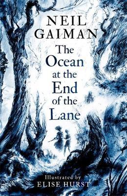 The Ocean at the End of the Lane book cover of a mysterious forest and two people walking through it.