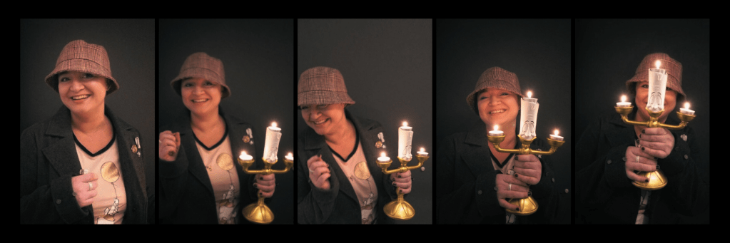 About Me header strip: 5 photographs in a row of me wearing a brown tweed bucket hat and charcoal coat, holding a Lumiere candelabra.