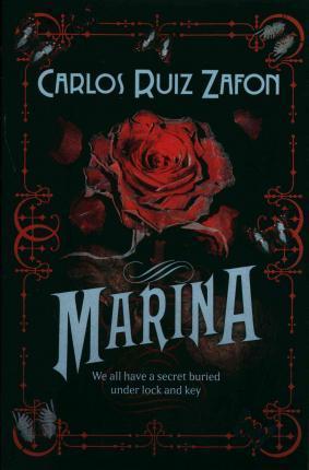 Marina book cover: a black background with a large, dark red rose. 