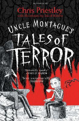 Uncle Montague's Tales of Terror book cover. Hand drawing of a kid having a cup of tea, with an older gentleman in shadows. 
