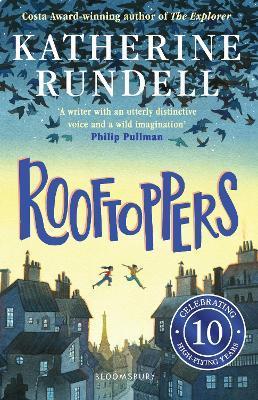 Rooftoppers book cover of two kids jumping across roof tops at dusk.