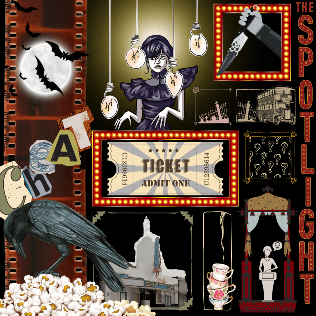 Dark red and black mood board with a vintage vibe, showing a film reel, bats, popcorn and a raven, teacups, a gothic girl, and a murder.