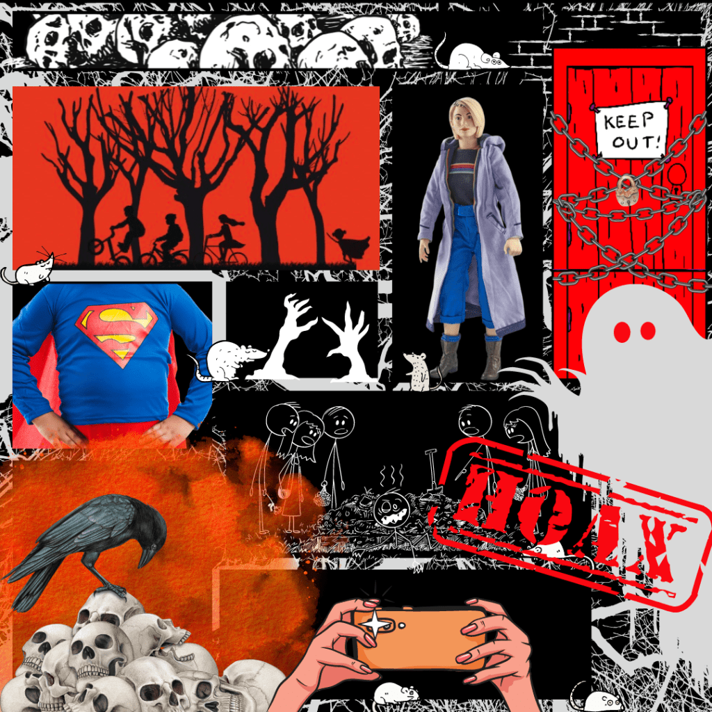 The Gravedigger moodboard showing a spooky red forest, a superman costume, a Doctor Who doll, a ghost, a red door saying "keep out", a pile of skulls with a raven on them, a pair of hands taking a picture with their smartphone, and a hoax stamp.